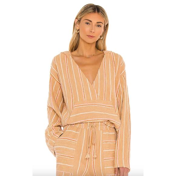 L Space Beige M Wrap Top Cotton Paradise Sunrise Striped Hooded Pullover NEW - Picture 1 of 10